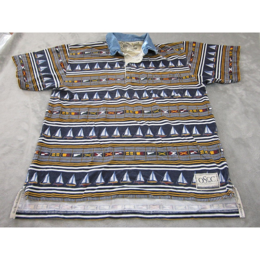 Old School Clothing Co Polo Mens L Navy Nautical Sailboat Denim Collar OSCC